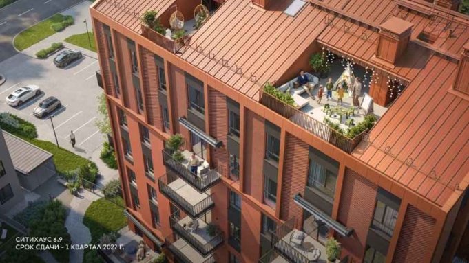 Новый акцентный дом с террасами и двухуровневыми квартирами в Зеленой гавани